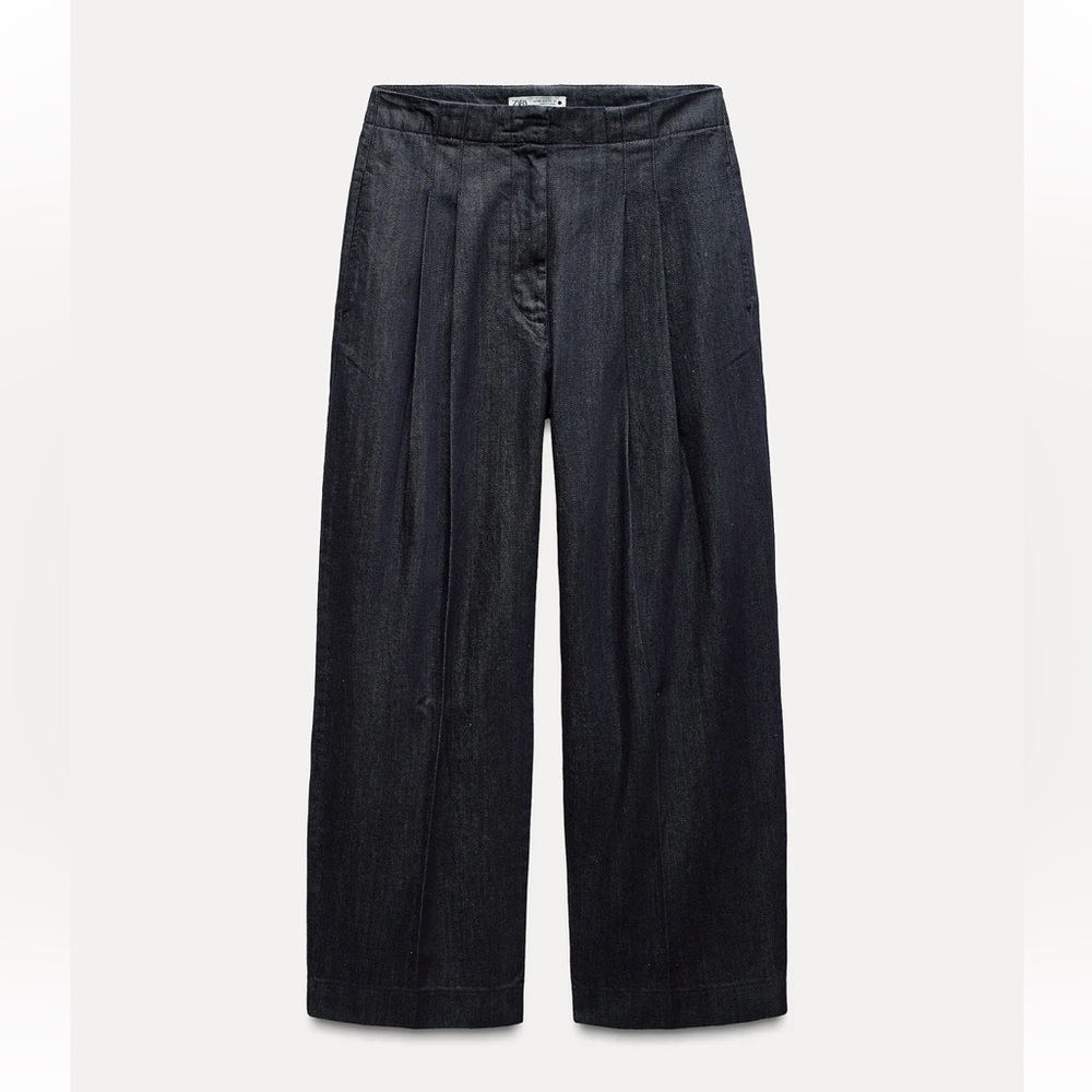 Zara Dark Blue wide leg Mid Waist Tapered Jeans relaxed Fit ZW Collection 27 NWT - Picture 7 of 9
